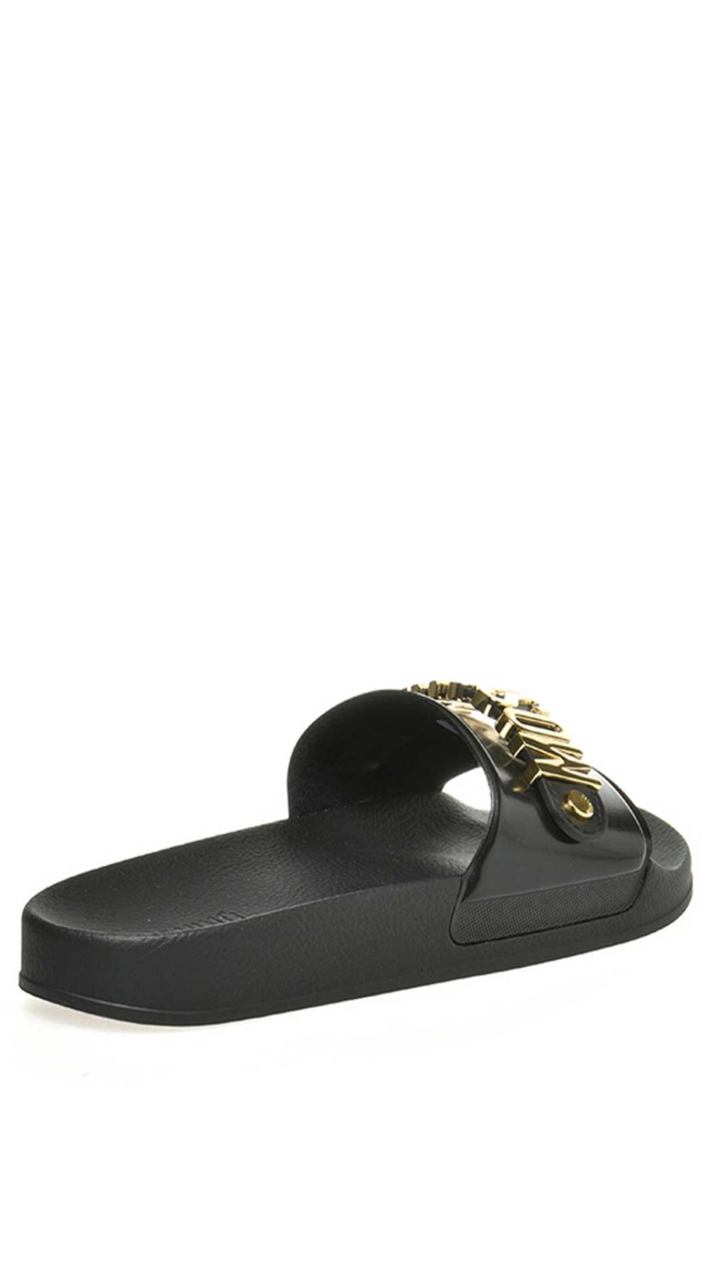 Chancla Moschino con placa del logotipo en tono dorado