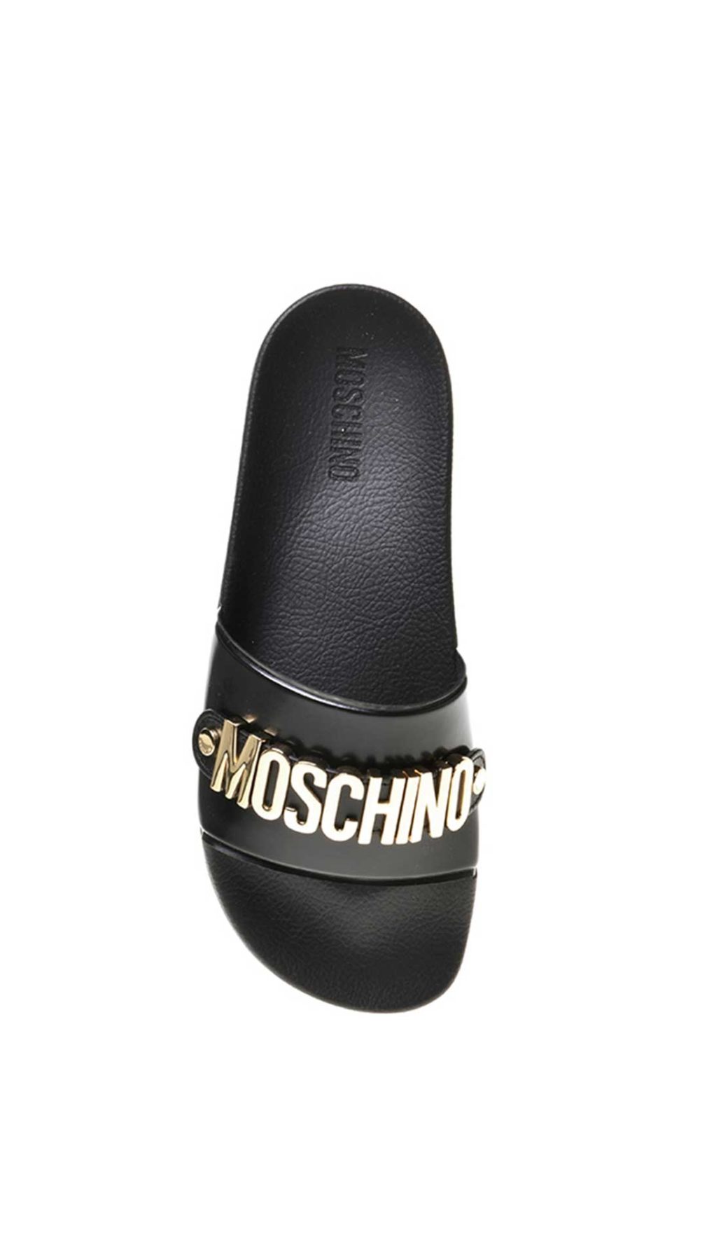 Chancla Moschino con placa del logotipo en tono dorado