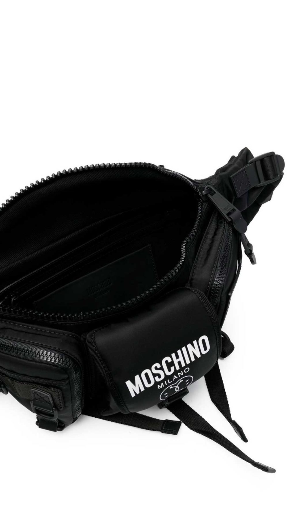 Riñonera Moschino con múltiples bolsillos y logo